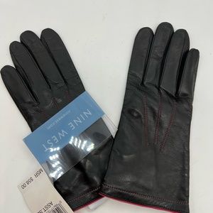NWT Nine West Soft Black Leather Gloves With Shocking Pink Piping and Stitching